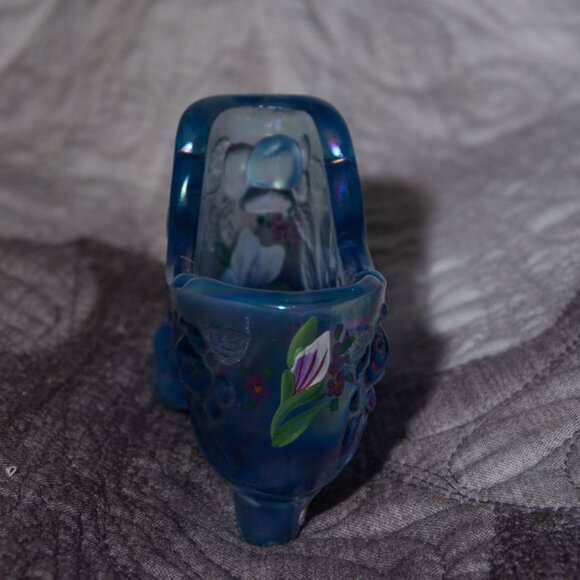 Signed Hand Painted Fenton Blue Carnival Glass Boot - Picture 3 of 5